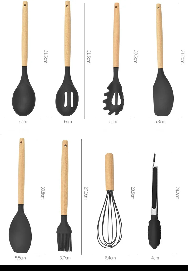12-Piece Silicone Utensil Set – Wooden Handle Cooking Tools