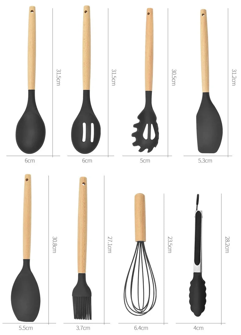 12-Piece Silicone Utensil Set – Wooden Handle Cooking Tools