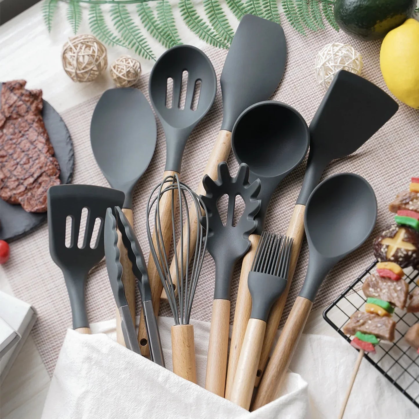 12-Piece Silicone Utensil Set – Wooden Handle Cooking Tools