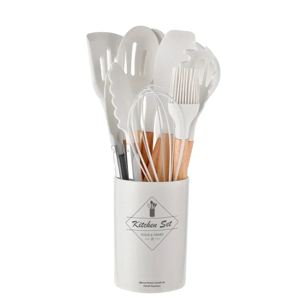 12-Piece Silicone Utensil Set – Wooden Handle Cooking Tools