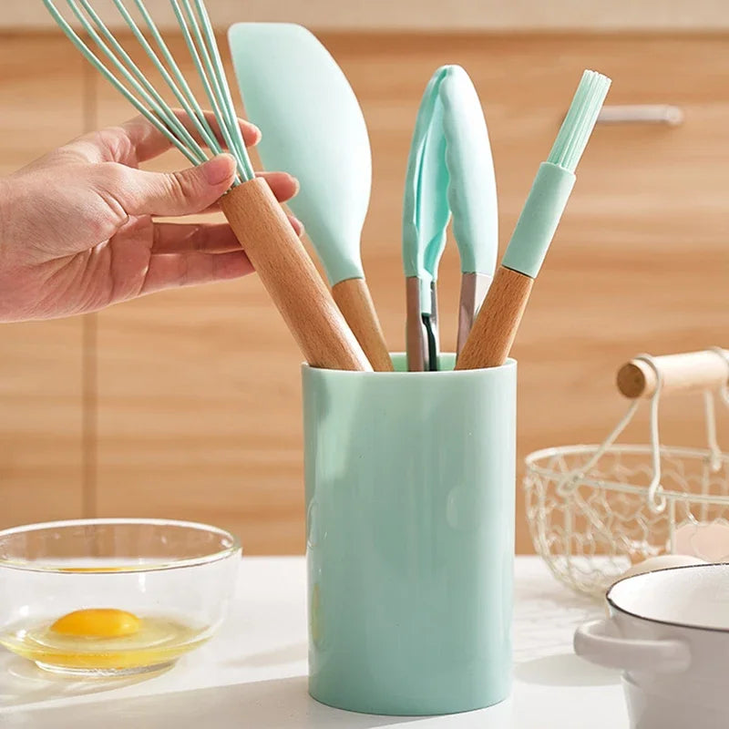 12-Piece Silicone Utensil Set – Wooden Handle Cooking Tools