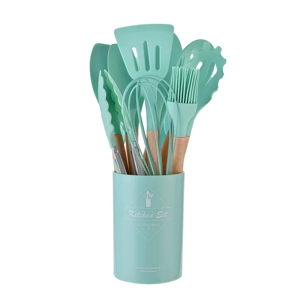 12-Piece Silicone Utensil Set – Wooden Handle Cooking Tools