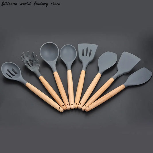 Silicone Cooking Utensils – Wooden Handle Set