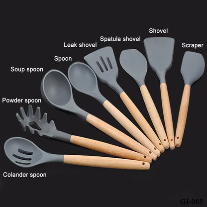 Silicone Cooking Utensils – Wooden Handle Set