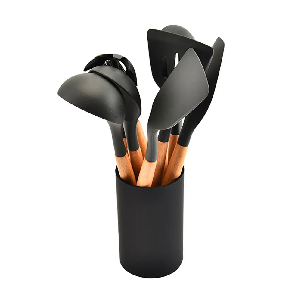 Silicone Cooking Utensils – Wooden Handle Set