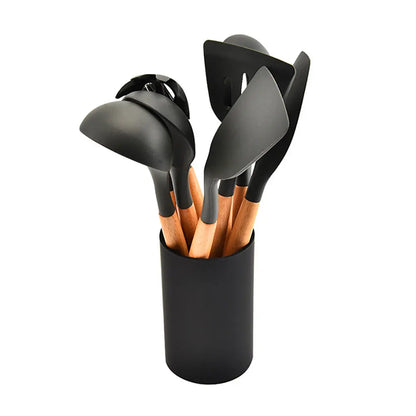 Silicone Cooking Utensils – Wooden Handle Set