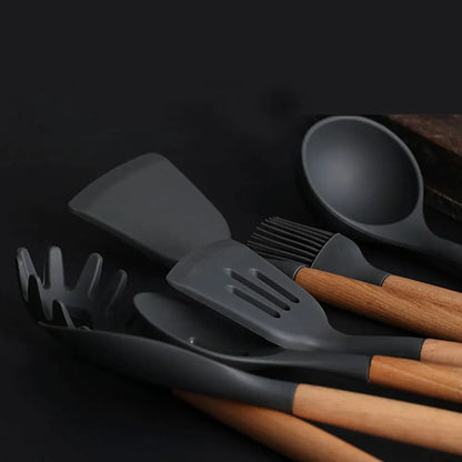 Silicone Cooking Utensils – Wooden Handle Set