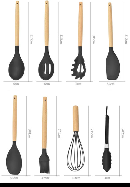12-Piece Silicone Utensil Set – Wooden Handle Cooking Tools