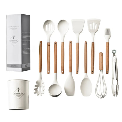 12-Piece Silicone Utensil Set – Wooden Handle Cooking Tools