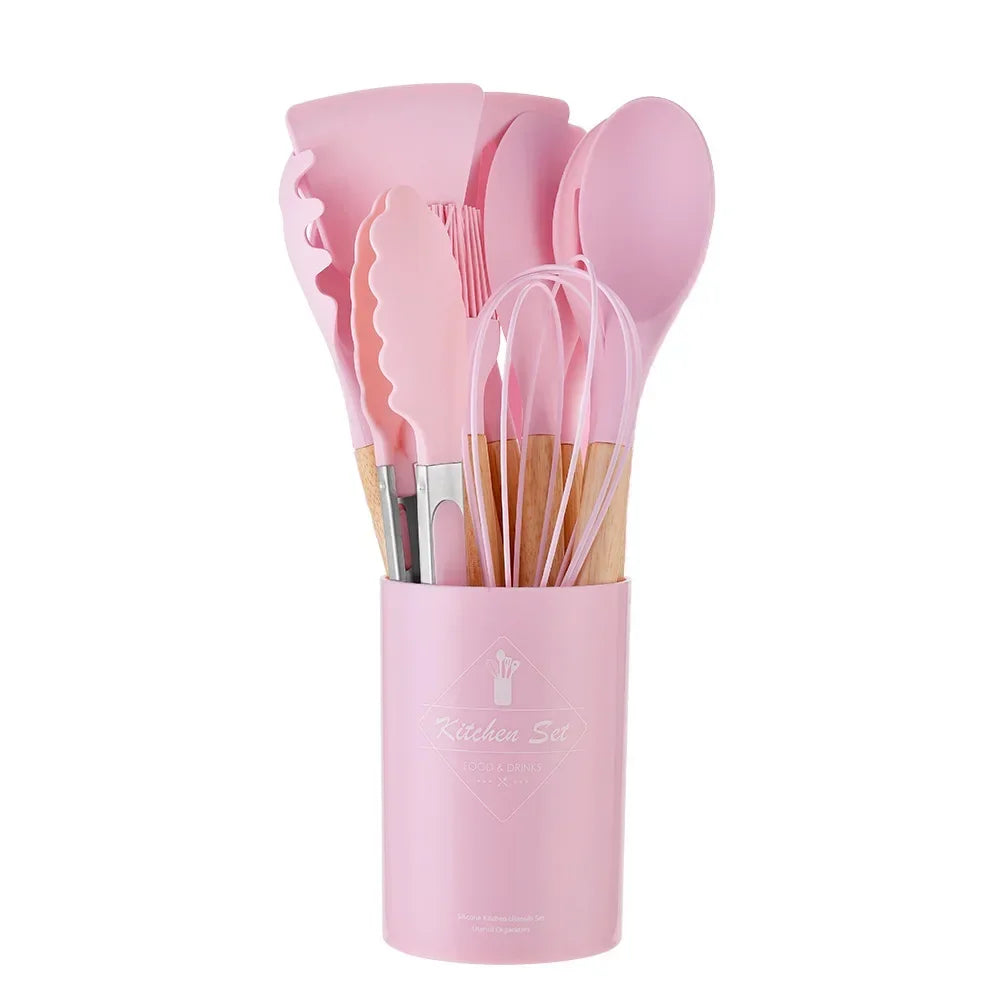 12-Piece Silicone Utensil Set – Wooden Handle Cooking Tools