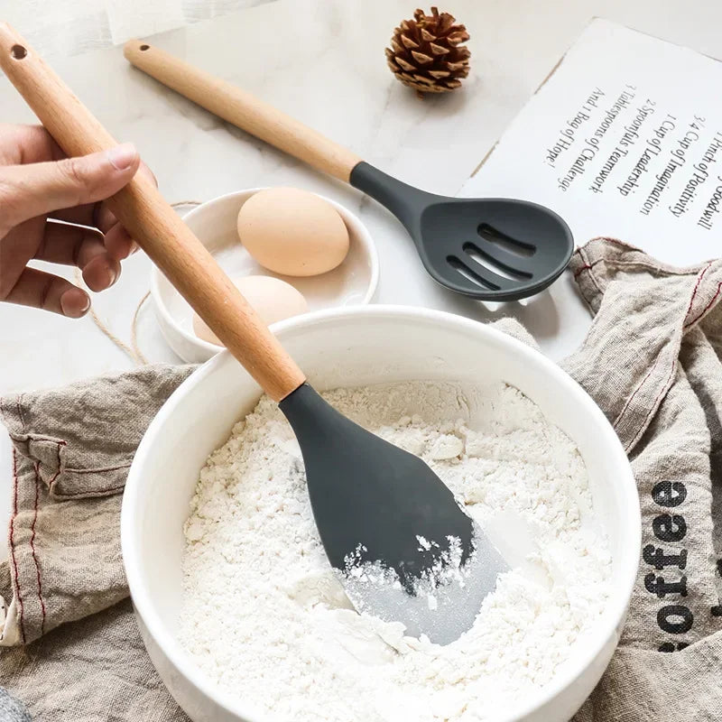 12-Piece Silicone Utensil Set – Wooden Handle Cooking Tools
