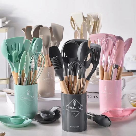 12-Piece Silicone Utensil Set – Wooden Handle Cooking Tools