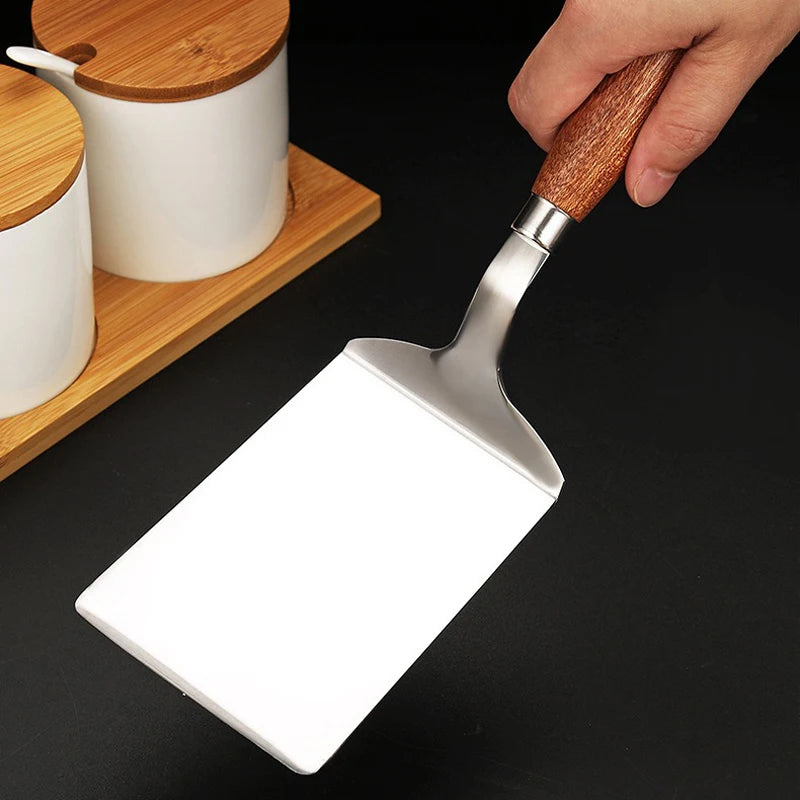 Stainless Steel Square Head Steak Cooking Spatula Pizza Shovel Pancake Beef Turner Scraper Wood Handle BBQ Utensils for Kitchen