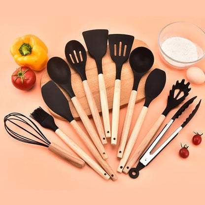 12-Piece Silicone Utensil Set – Wooden Handle Cooking Tools