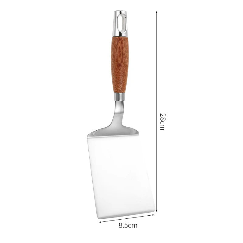 Stainless Steel Square Head Steak Cooking Spatula Pizza Shovel Pancake Beef Turner Scraper Wood Handle BBQ Utensils for Kitchen