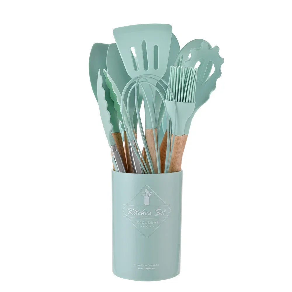 12-Piece Silicone Utensil Set – Wooden Handle Cooking Tools