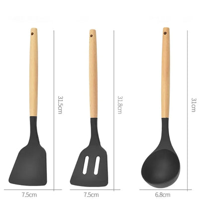 12-Piece Silicone Utensil Set – Wooden Handle Cooking Tools