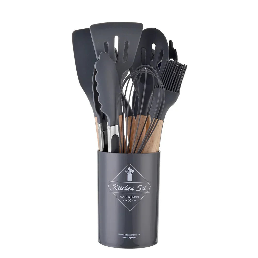 12-Piece Silicone Utensil Set – Wooden Handle Cooking Tools