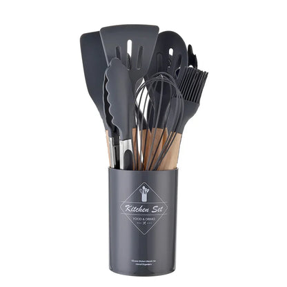 12-Piece Silicone Utensil Set – Wooden Handle Cooking Tools